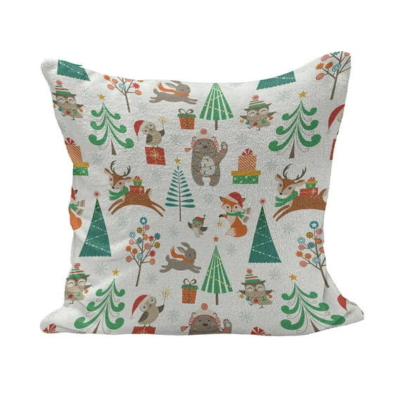 Christmas Fluffy Throw Pillow Cushion Cover, Theme Xmas Cartoon Pattern Bear Deer Owl Birds Tree Snowflakes Image, Decorative Square Accent Pillow Case, 20" x 20", Multicolor, by Ambesonne
