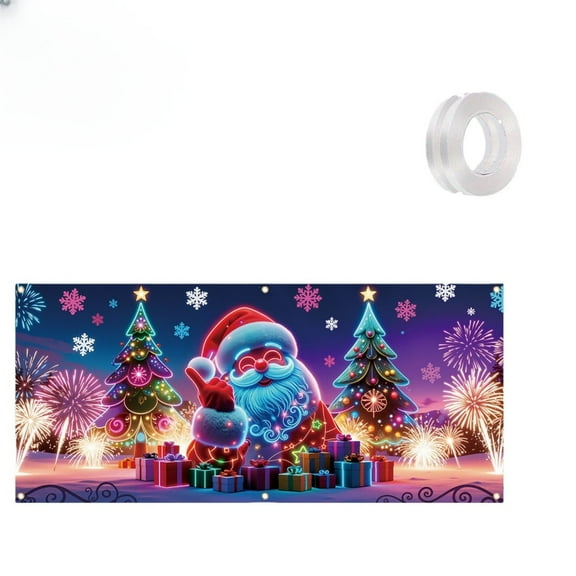 Christmas Fluorescent Garage Door Cover UV Banner Fluorescent Glow In The Dark Holiday Door Wrap Waterproof Fade Resistant Outdoor Decorative Garage Door Background Party Decor Seasonal Home Entrance