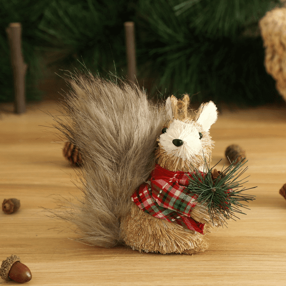 Christmas Foam Squirrels, 2 Pcs, 5.5 x 4.7 x 3.1 in / 14 x 12 x 8 cm, Cute Doll Shape, Plaid Scarf, Pinecone Branch, Plush Tail, Realistic Features