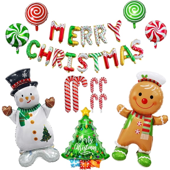 "Christmas Foil Balloon Banner, 48in Giant Standing Snowman & Gingerbread Man Foil Balloon, Candy Cane Christmas Tree Balloons for Xmas Party Decorations