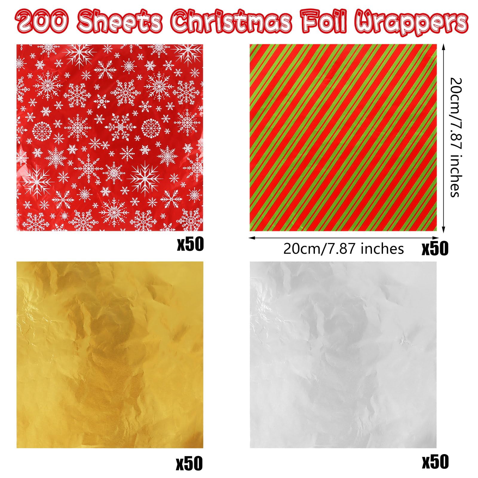 Christmas Foil Candy Wrappers 200 Sheets 4 Styles Red Green Gold Silver ...