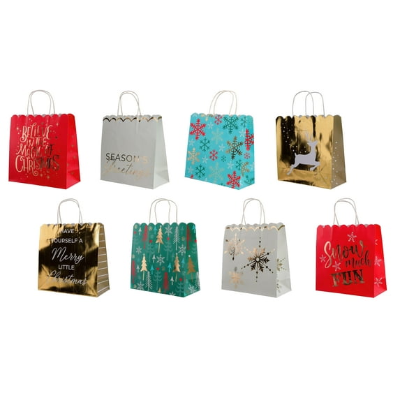 Christmas Foil Gift Bags with Jute Handles & Scalloped Top, Large Vogue, 8 Pack