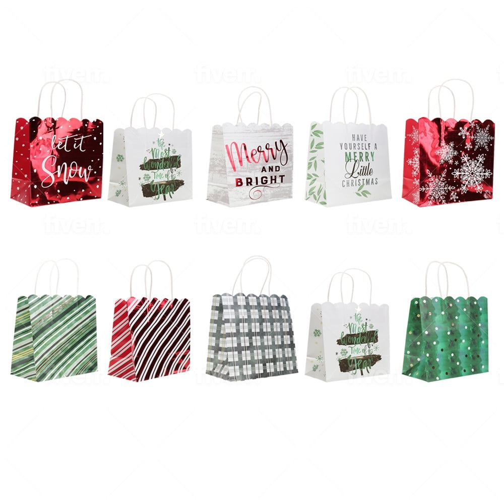 Christmas Foil Gift Bags with Jute Handles & Scalloped Top, Medium