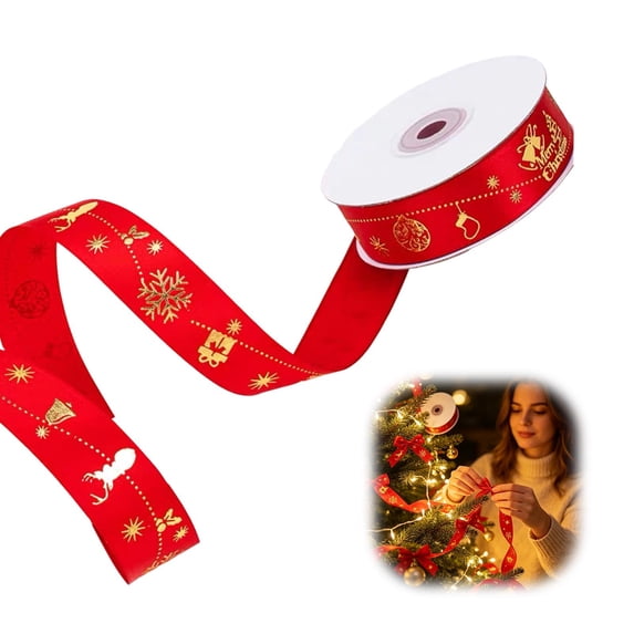 Christmas Foil‑Print Satin Ribbon, Christmas Ribbon, Christmas Gift Ribbon, Red Ribbons for Crafts, Festive Decorative Trim for Gift Wrapping Bow‑Making Holiday DIY Craft 1Roll