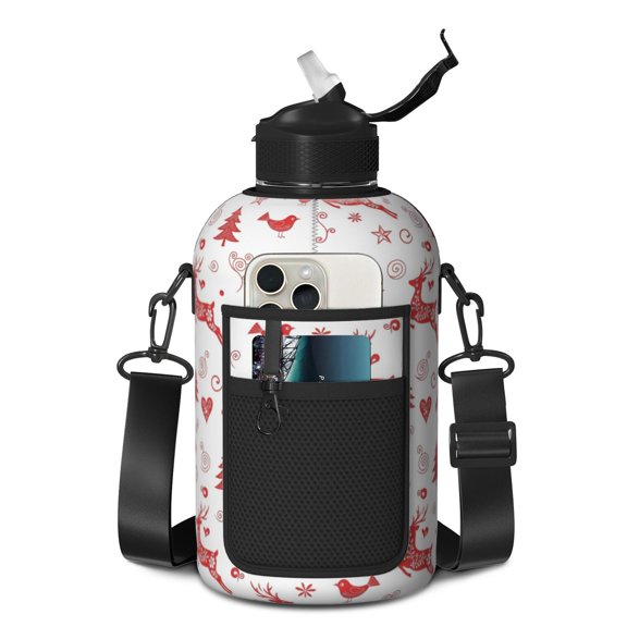 Christmas Folk Reindeer Bird Pattern 74oz Half Gallon Water Bottle with Sleeve, Fitness Water Jug with Strap & Storage Pocket, Clear Volume Marker Gifts for Gym Outdoor Office Travel