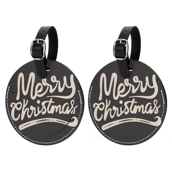 Christmas Font 2Pcs PU Leather Round Luggage Tags with Privacy Cover and Name ID Tag for Suitcase, Handbags, Backpacks, School Bags