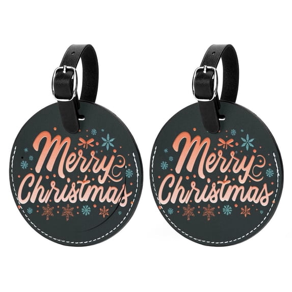Christmas Font 2pcs PU Leather Round Bag Tags with Privacy Cover and Name ID Tag - Suitcase Tags for Travel Luggage, Handbags, Backpacks, School Bags