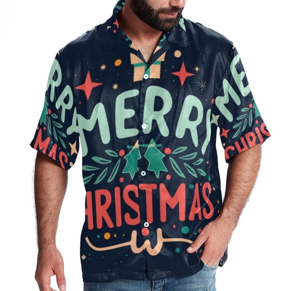 Christmas Font Men's Button Down Hawaiian Print Short Sleeve Casual Summer Beach Shirts