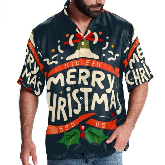 Christmas Font Men's Hawaiian Poplin Casual Printed Button Down Short Summer Beach Shirts, Unisex