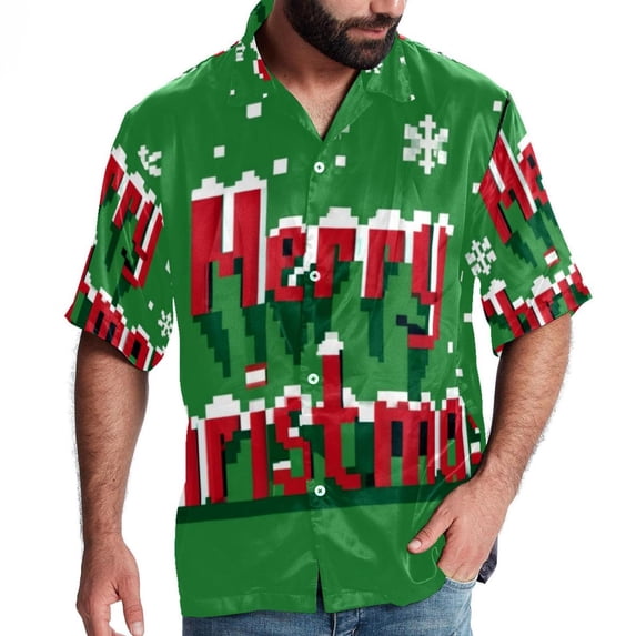 Christmas Font Men's Hawaiian Short Sleeve Printed Button Down Poplin Casual Summer Beach Shirt, Unisex