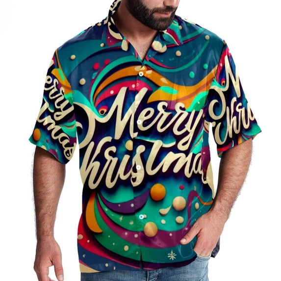 Christmas Font Men's Printed Button Down Short Sleeve Casual Summer Beach Shirt - Unisex