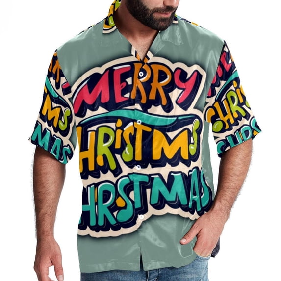 Christmas Font Men's Short Sleeve Casual Printed Button Down Beach Shirts