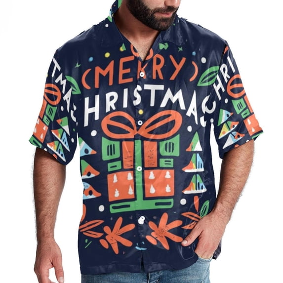 Christmas Font Men's Short Sleeve Hawaiian Shirt, Casual Printed Button Down Beach Tops, Summer Poplin Spread Collar Unisex Button Down Shirts