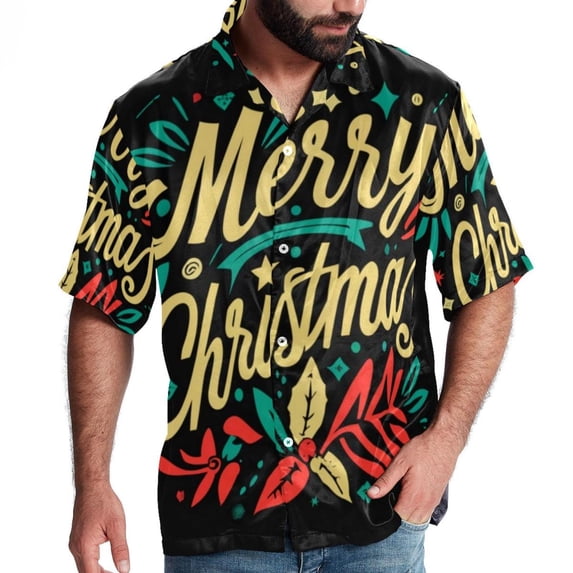 Christmas Font Men's Short Sleeve Poplin Beach Shirts, Casual Printed Button Down Summer Hawaiian Shirt - Unisex