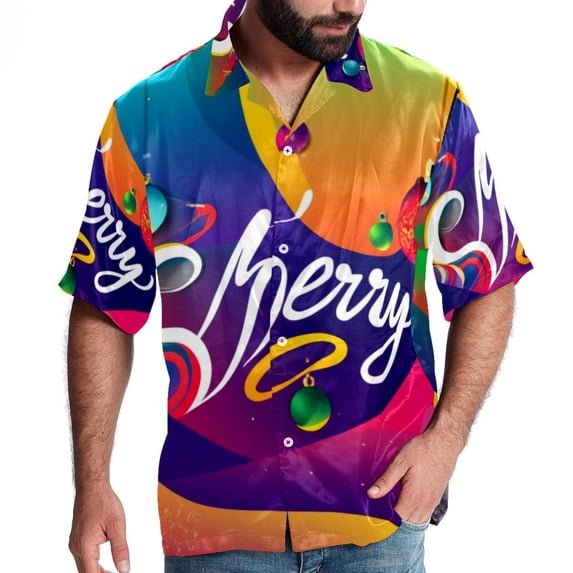 Christmas Font Men's Short Sleeve Poplin Button Down Shirts - Casual Printed Summer Beach Tops for Men