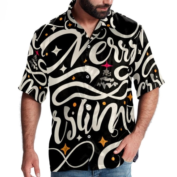 Christmas Font Men's Spread Collar Poplin Beach Shirts - Casual Printed Button Down Short Sleeve Summer Tops for Unisex