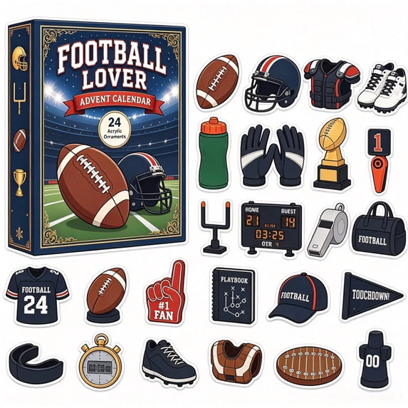 Christmas Football Lover Advent Calendar 2026, 24 Days Countdown Blind Box with 2D Acrylic Ornaments, Festive Holiday Surprise Decor for Tree & Home
