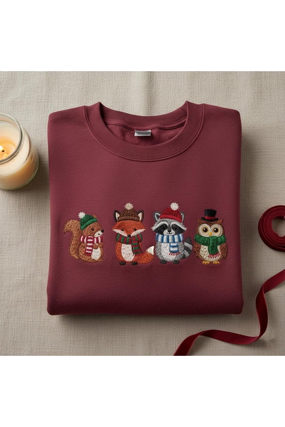 Christmas Forest Animals Embroidered Hoodie, Winter Fox Raccoon Sweater, Cute Woodland Creature Crewneck, Holiday Nature Gift