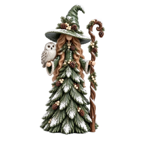 Christmas Forest Guardian Witch Lady Gnome Figurine, Resin Tree Lady Statue With Snowy Pine And Pinecone, Winter Holiday Tabletop Ornament, For Mantel Shelf Indoor Christmas Home Decor