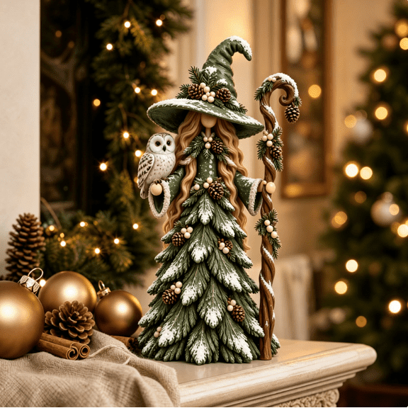 Christmas Forest Guardian Witch Resin Figurine, Winter Magic Character Statue with Staff, Tabletop Holiday Home Decor (Owl Style)