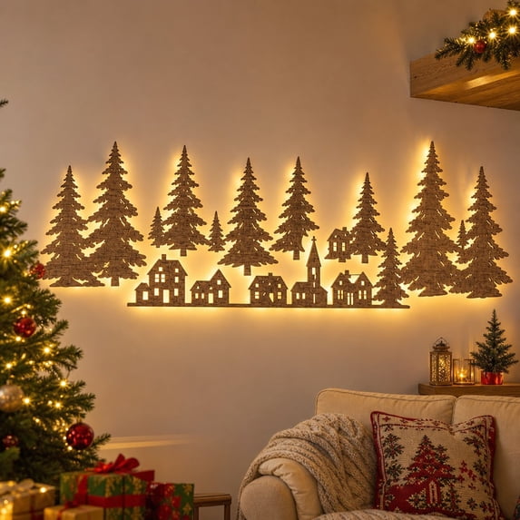 Christmas Forest Lighted Wall Decal, Festive Glowing Wall Sticker for Home and Holiday Decoration Display Setting