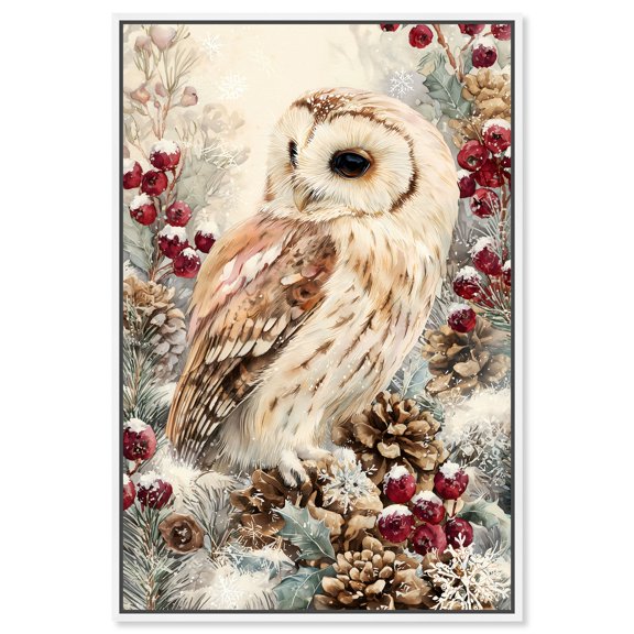 Christmas Forest Owl III Canvas Print Christmas Wall Decor by Art Remedy, White Frame, 36 x 54