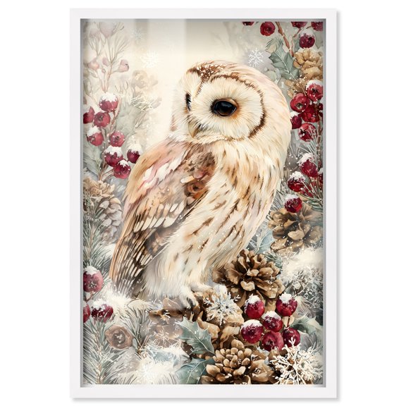 Christmas Forest Owl III Shadowbox Print Christmas Wall Decor by Art Remedy, White Frame, 37 x 55
