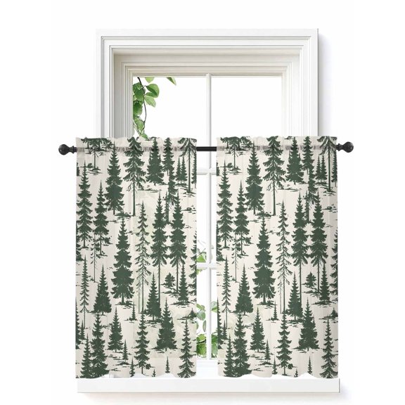 Christmas Forest Sheer Window Curtains 45 Inch Length,Rod Pocket Curtains for Bedroom Living Room Winter Xmas Pine Tree Natural Woodland Voile Kitchen Tier Curtains & Drapes 42"x45" 2 Panels