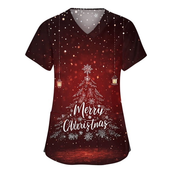 Side Slit Tee Christmas Print V-Neck Scrub Top for Women Short Sleeve Workwear with ...
