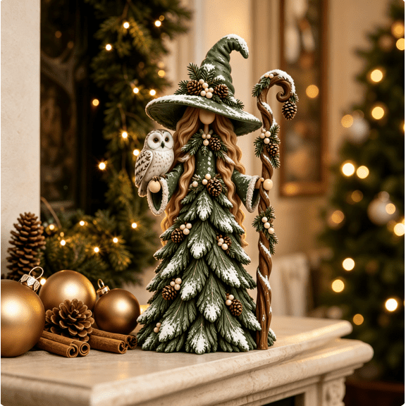 Christmas Forest Witch Resin Tabletop Figurine, Snowy Pine Tree Dress Witch Statue with Lantern & Staff, Winter Holiday Mantel Shelf Decor for Home Party (Owl Style)