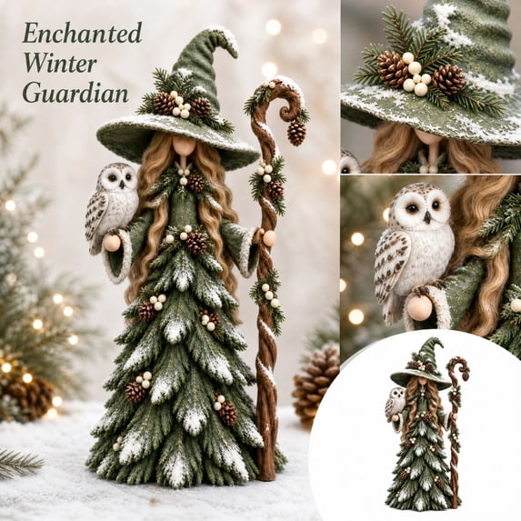 Christmas Forest Witch Resin Tabletop Figurine, Snowy Pine Tree Dress Witch Statue with Staff, Winter Holiday Mantel Shelf Decor for Home Party 1PC