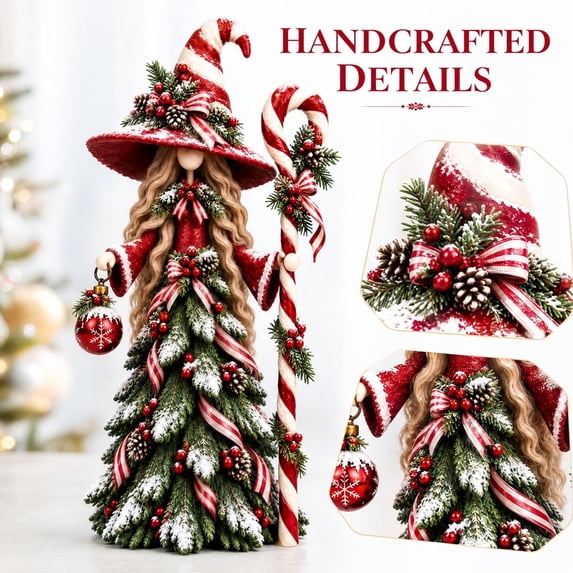 Christmas Forest Witch Resin Tabletop Figurine, Snowy Pine Tree Dress Witch Statue with Staff, Winter Holiday Mantel Shelf Decor for Home Party 1PC