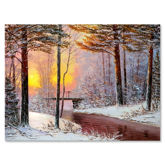 Christmas Forest With Trees and River IV 8 in x 12 in Painting Canvas Art Print, by Designart