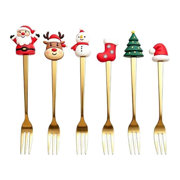 Christmas Fork Set of 6 Silicone Head Stainless Steel Cutlery with Santa Reindeer Snowman Designs for Holiday Dining Party Gift