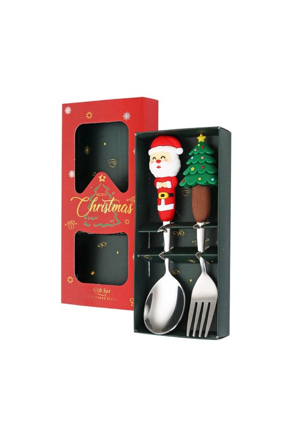 Christmas Forks and Spoons,Gold Dessert Set with 1 Spoons and 1 Forks,Stainless Steel,Gift Box for Festive Celebrations(Silver)