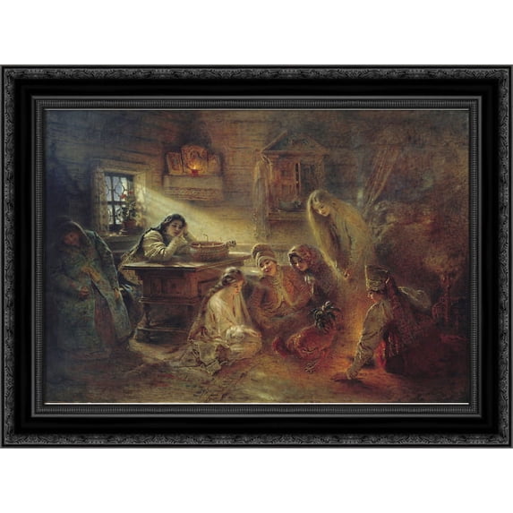 Christmas Fortune Telling 24x20 Black Ornate Wood Framed Canvas Art by Makovsky, Konstantin
