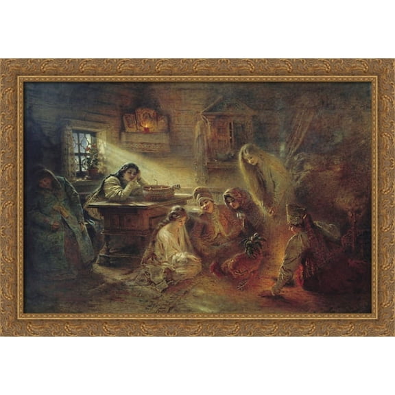 Christmas Fortune Telling 38x28 Large Gold Ornate Wood Framed Canvas Art by Konstantin Makovsky