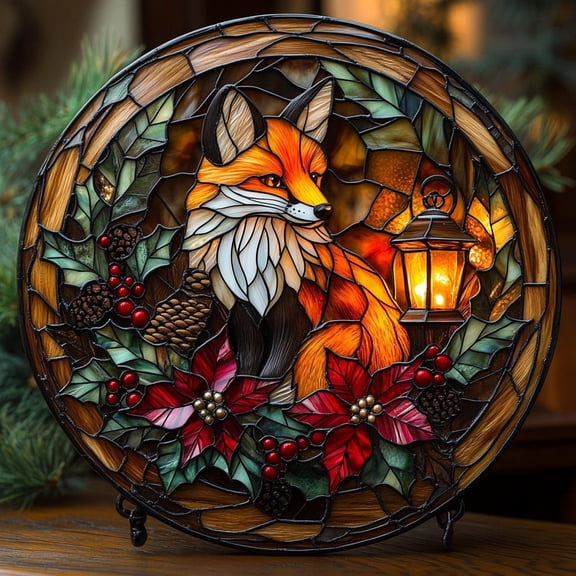 Christmas Fox Acrylic Window Suncatcher | Lantern-Lit Wreath with Red Poinsettias, Holly Berries & Warm Glow, Festive Home Decor Gift