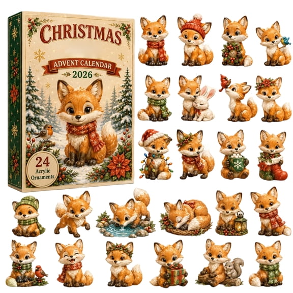 Christmas Fox Advent Calendar, 24 Days Holiday Countdown Blind Box with Woodland Red Fox Charms for Christmas Tree Hanging Cabin Fireplace Decor
