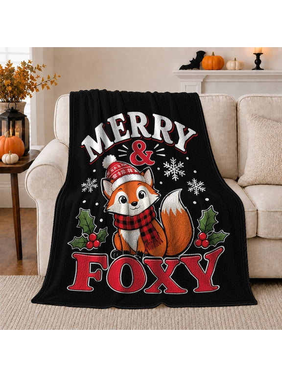 Christmas Fox Flannel Blanket, Red Scarf Santa Hat Holly Snowflake Typography Pattern for Sofa Couch Bed Living Room Bedroom Home Decor Holiday Gift for Kids Family