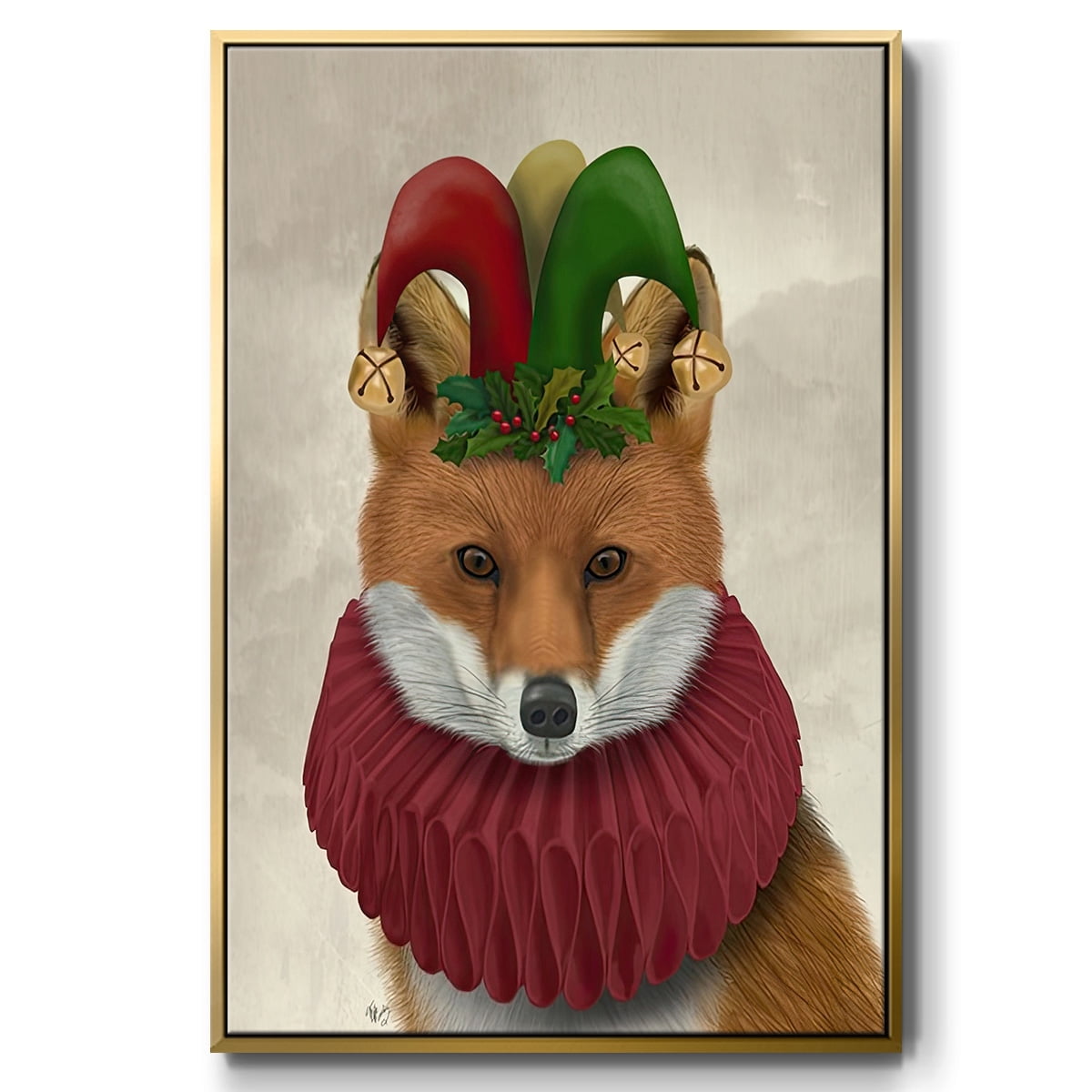 Christmas Foxy Christmas Fool - Framed Gallery Wrapped Holiday Canvas - 27 x 41 - Gold Frame