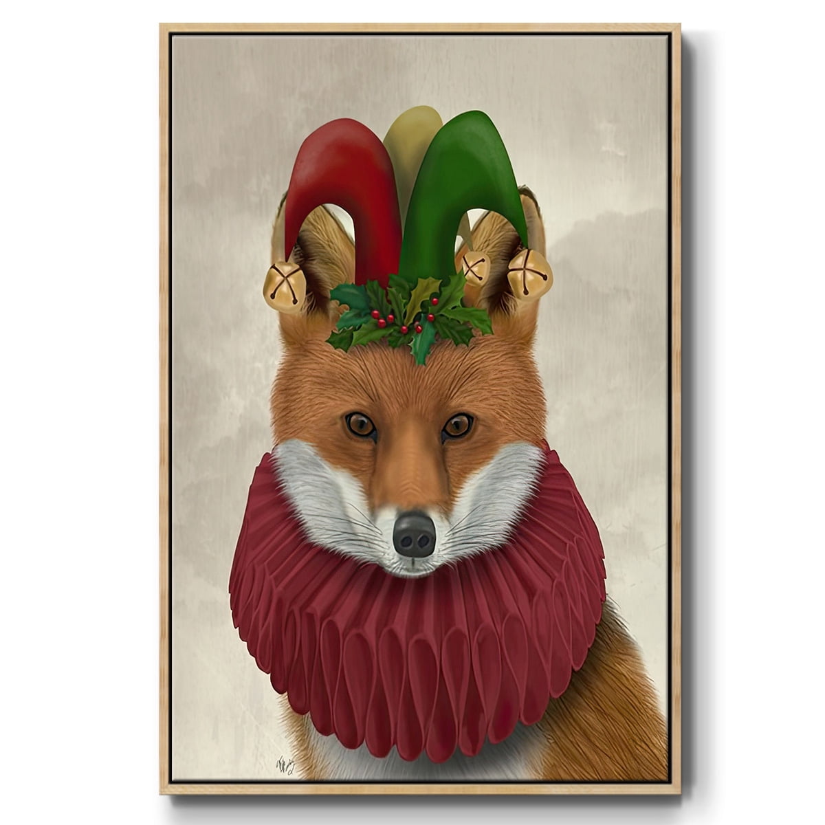 Christmas Foxy Christmas Fool - Framed Gallery Wrapped Holiday Canvas - 27 x 41 - Natural Wood Frame