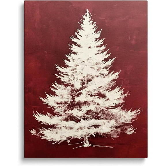 Christmas Framed Canvas Wall Decor White Christmas Tree on Red Canvas Print Winter Scene Holiday Decor Pictures Print Poster Framed Wall Painting for Living Room Bedroom