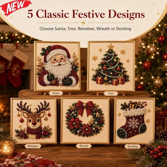 Christmas Framed DIY Pearl Bead Diamond Art Kits for Adults, 7.87 Inch Santa Tree Reindeer Wreath Stocking Pattern, Beginner Friendly Painting Art Craft Set, Handmade Holiday Wall Decor & Xmas Gift