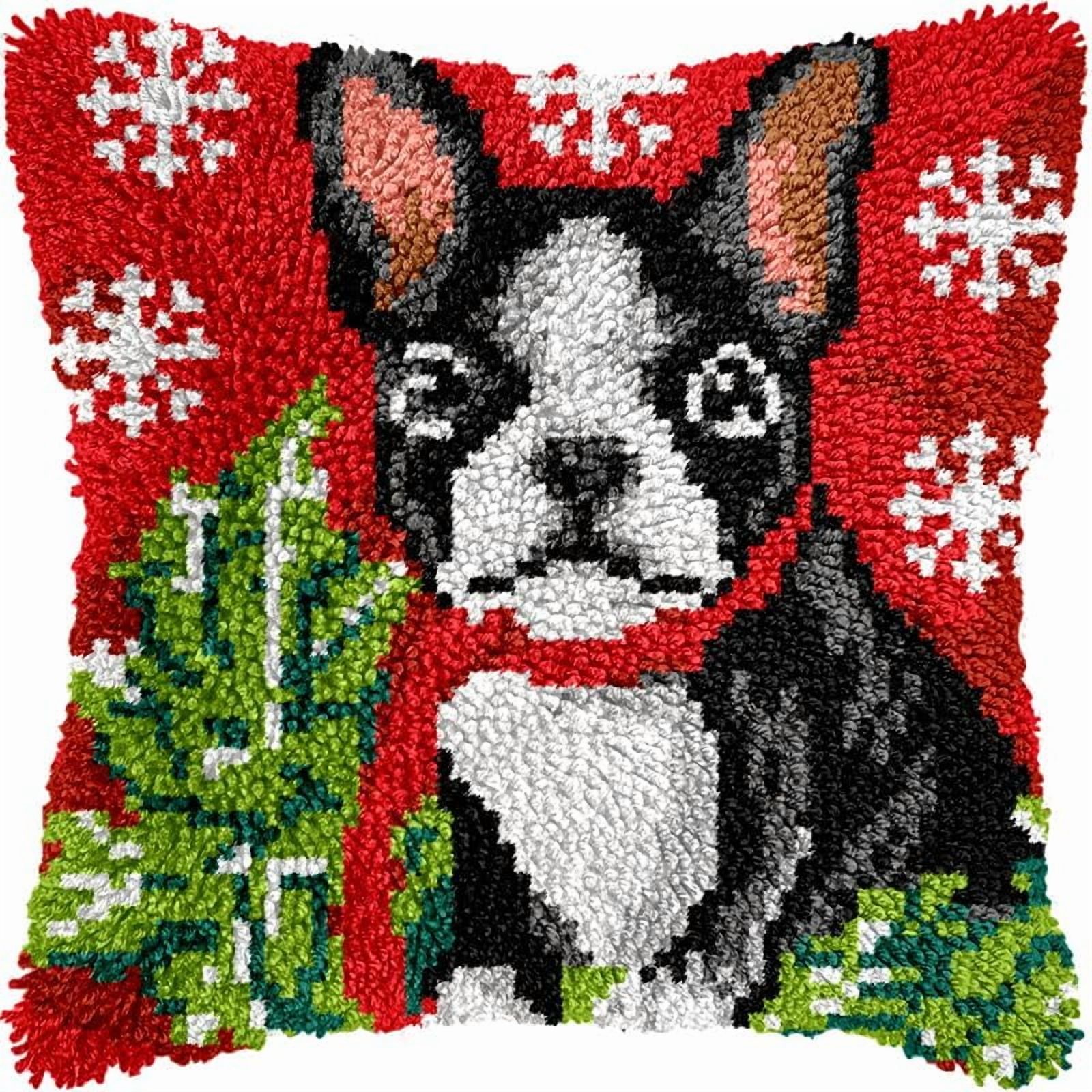 Christmas French Bulldog Latch Hook Pillow Kits Cushion Pillowcase with Pattern Printed Canvas Sofa Hooking Pillows Crafts Embroidery Latch Hooking Crochet Kits 17x17 inch(171)