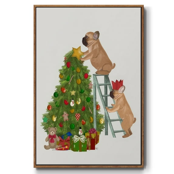 Christmas French Bulldog Tree Ladder - Framed Gallery Wrapped Holiday Canvas - 17 x 25 - Rosewood Frame