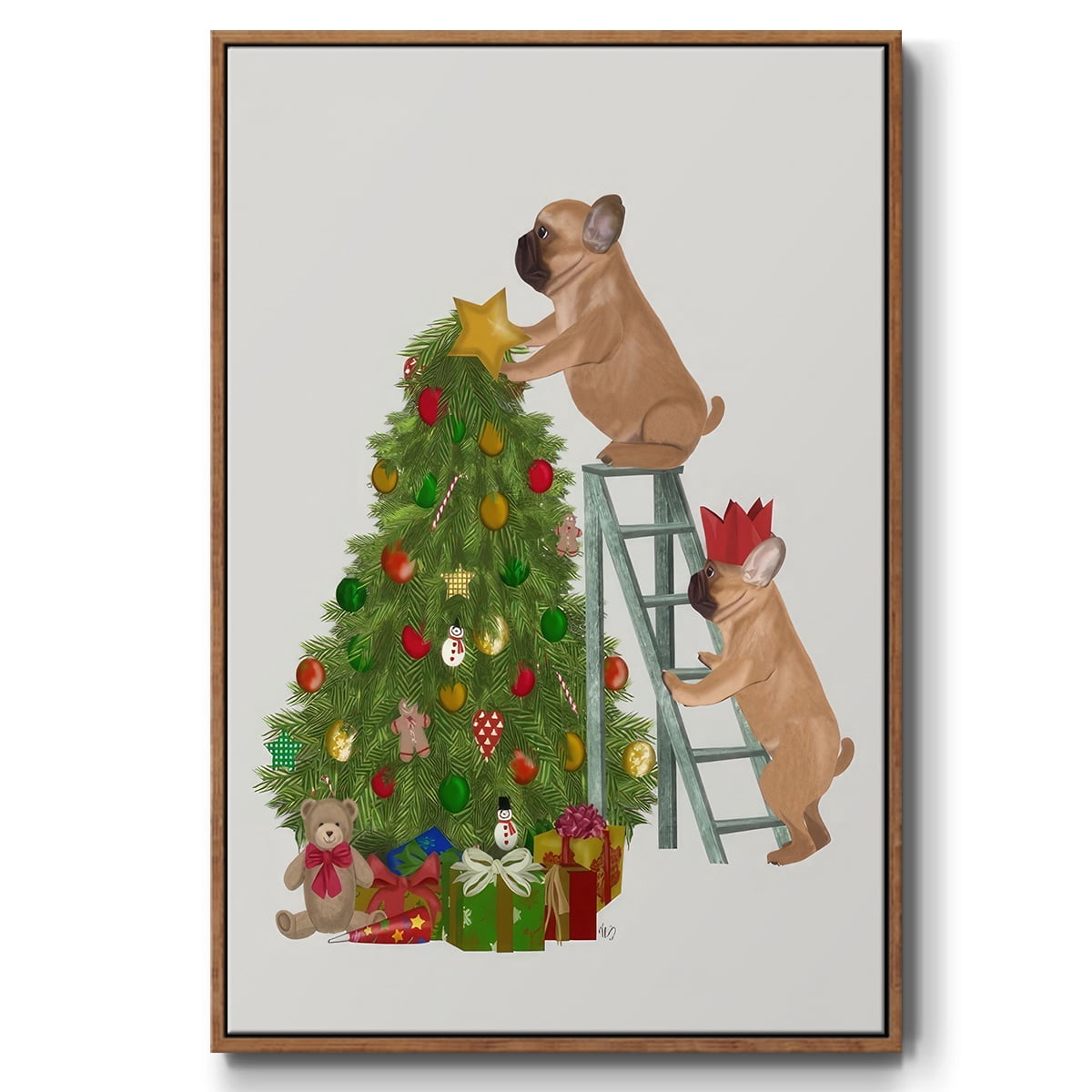 Christmas French Bulldog Tree Ladder - Framed Gallery Wrapped Holiday Canvas - 25 x 37 - Rosewood Frame