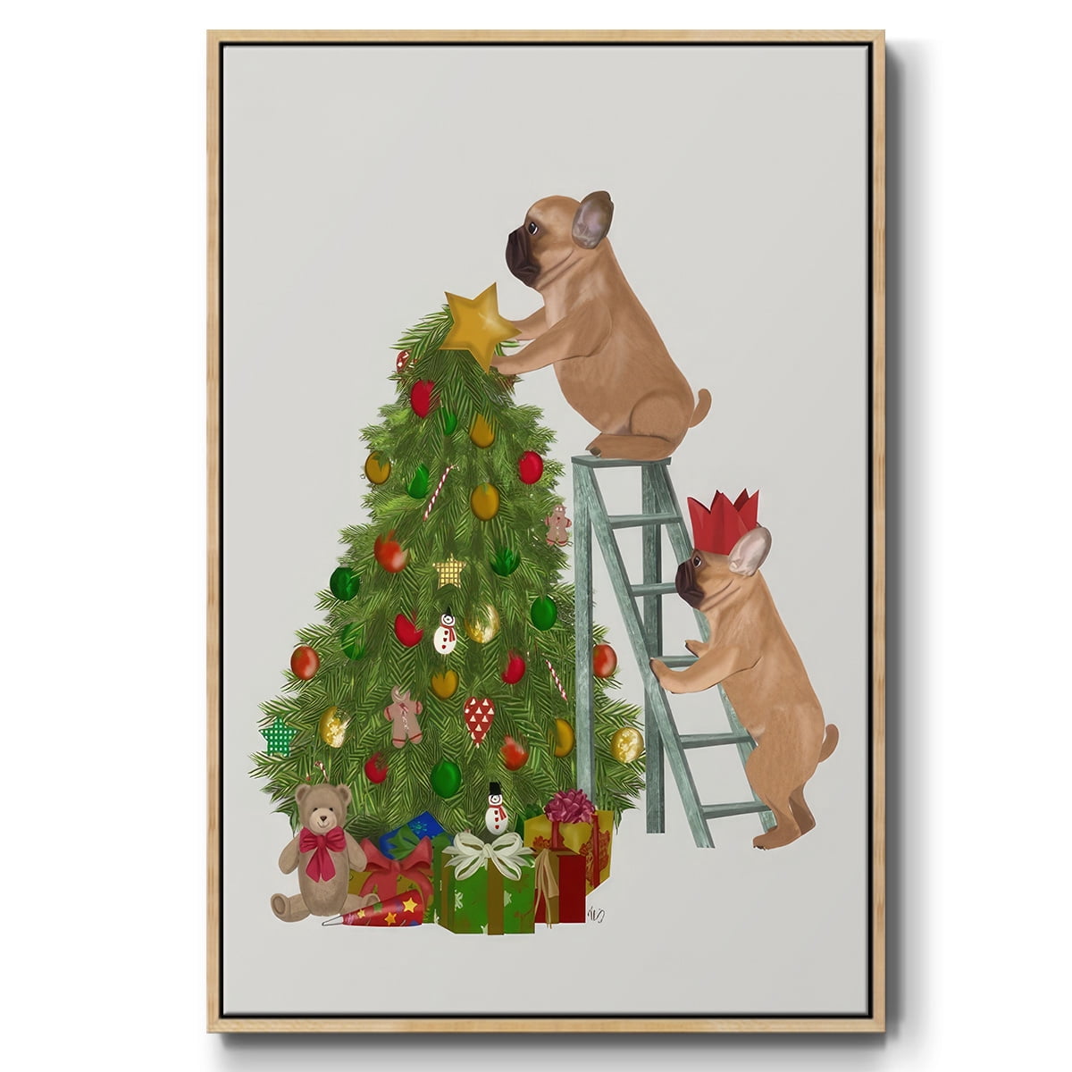 Christmas French Bulldog Tree Ladder - Framed Gallery Wrapped Holiday Canvas - 27 x 41 - Natural Wood Frame