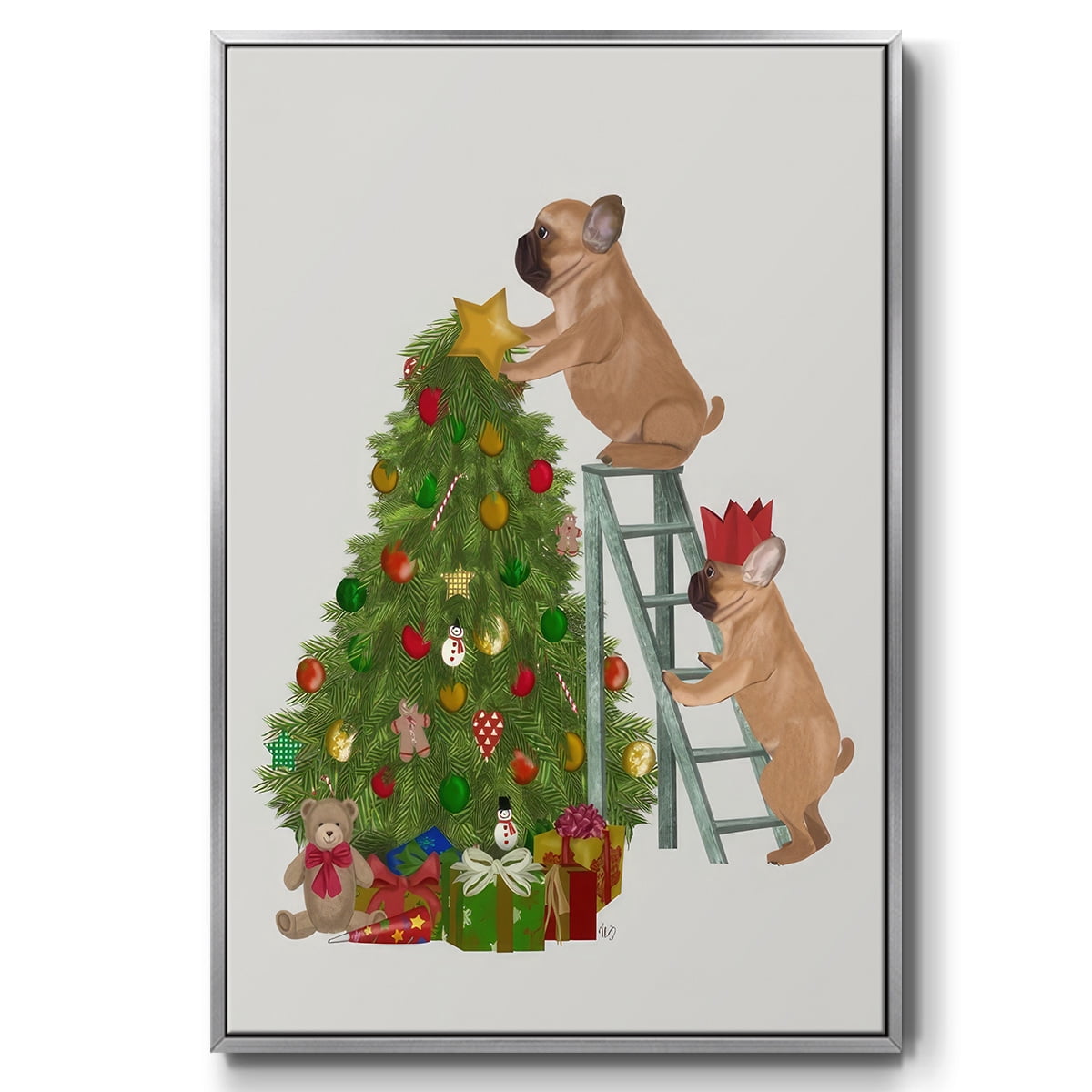 Christmas French Bulldog Tree Ladder - Framed Gallery Wrapped Holiday Canvas - 27 x 41 - Silver Frame