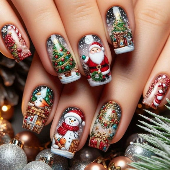 Christmas French Tip Press on Nails Short Square Coffin Christmas Fake Nails Christmas Tree Glue on Nails Full Cover Acrylic Nails with Snowflake Designs New Year French Acrylic Nails for Women 24Pcs